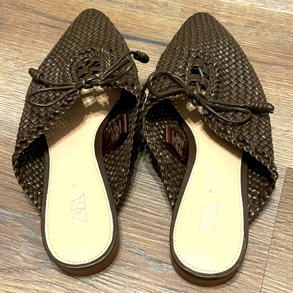 Zara Brown Woven Slip On Mules Slides With Bows Dress Shoes Women’s Size 37 6.5 - Picture 2 of 11